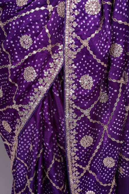 Samyukta Singhania_Purple Silk Gota Patti, Embroidery Round Neck Bandhani Work Saree_Online_at_Aza_Fashions