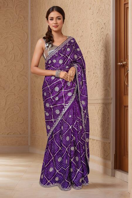 Shop_Samyukta Singhania_Purple Silk Gota Patti, Embroidery Round Neck Bandhani Work Saree_Online_at_Aza_Fashions