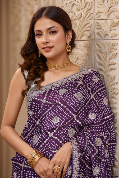 Buy_Samyukta Singhania_Purple Silk Gota Patti, Embroidery Work Bandhani Saree With Blouse Piece_Online_at_Aza_Fashions