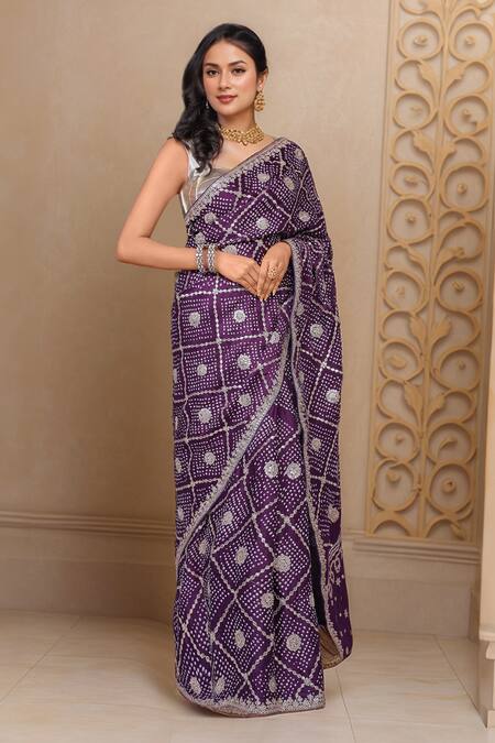 Shop_Samyukta Singhania_Purple Silk Gota Patti, Embroidery Work Bandhani Saree With Blouse Piece_Online_at_Aza_Fashions