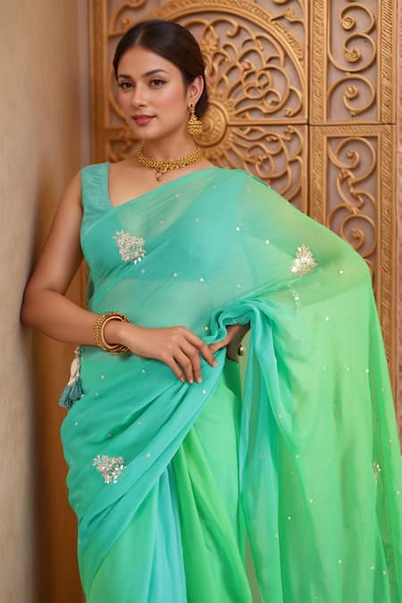 Naintara Bajaj_Multi Color Chiffon Gota Patti, Embroidery Work Ombre Saree With Blouse Piece_Online_at_Aza_Fashions