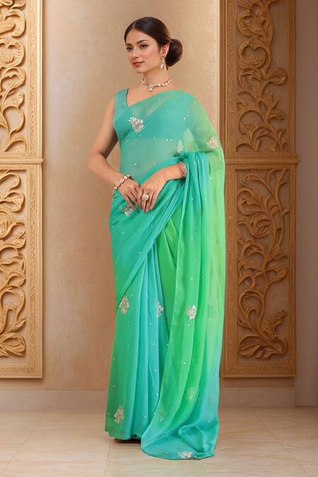 Shop_Naintara Bajaj_Multi Color Chiffon Gota Patti, Embroidery Work Ombre Saree With Blouse Piece_Online_at_Aza_Fashions