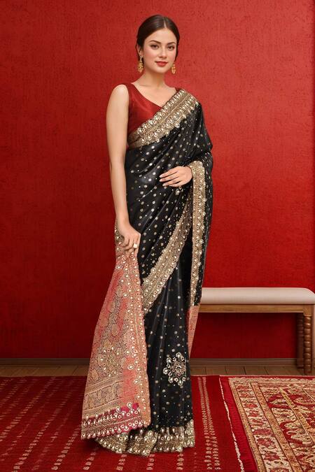 Buy_Samyukta Singhania_Black Silk, Satin Sequins, Embroidery Circle Woven Kanjeevaram Saree_Online_at_Aza_Fashions