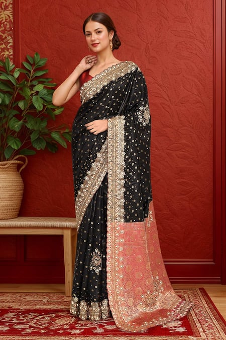 Shop_Samyukta Singhania_Black Silk, Satin Sequins, Embroidery Circle Woven Kanjeevaram Saree_Online_at_Aza_Fashions