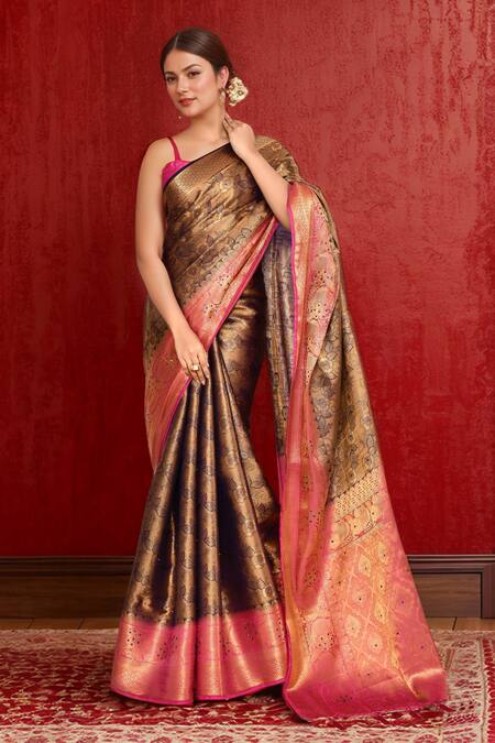 Shop_Samyukta Singhania_Blue Silk Crystals, Embroidery Floral Kanjeevaram Saree_Online_at_Aza_Fashions