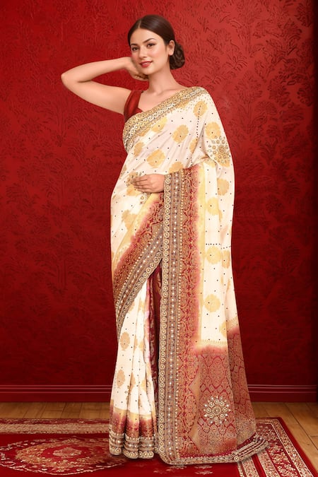 Shop_Samyukta Singhania_White Silk Embroidery Floral Art Saree_Online_at_Aza_Fashions