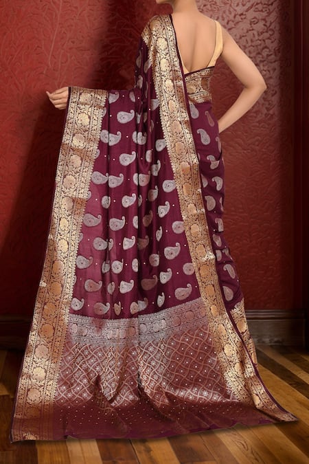 Shop Naintara Bajaj Wine Silk Crystals Paisley Pattern Art Saree at Aza Fashions Shop_Naintara Bajaj_Wine Silk Crystals Paisley Pattern Art Saree _at_Aza_Fashions