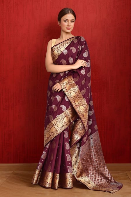 Buy Naintara Bajaj Wine Silk Crystals Paisley Pattern Art Saree Online at Aza Fashions Buy_Naintara Bajaj_Wine Silk Crystals Paisley Pattern Art Saree _Online_at_Aza_Fashions