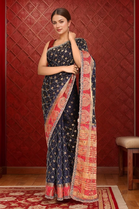 Samyukta Singhania Navy Blue Sequin Embroidered Saree Set 
