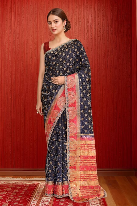 Samyukta Singhania_Blue Silk Sequins Navy Embroidered Saree Set _Online_at_Aza_Fashions