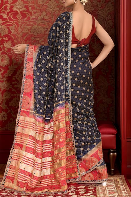 Buy_Samyukta Singhania_Blue Silk Sequins Navy Embroidered Saree Set _Online_at_Aza_Fashions