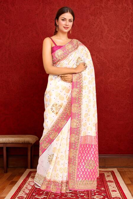 Buy_Samyukta Singhania_White Silk Embroidery Hand Paisley Saree_Online_at_Aza_Fashions