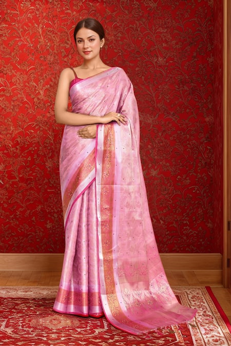 Buy_Naintara Bajaj_Pink Silk Crystals Floral Embroidered Art Saree _Online_at_Aza_Fashions