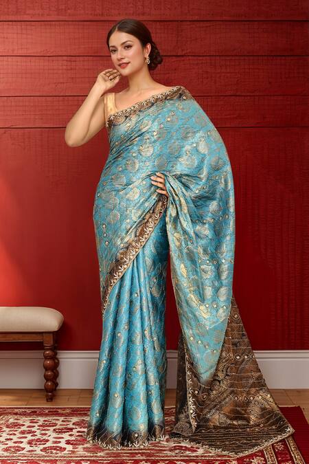 Buy_Samyukta Singhania_Blue Silk Cut Work, Zari Cutdana Embroidered Saree_Online_at_Aza_Fashions