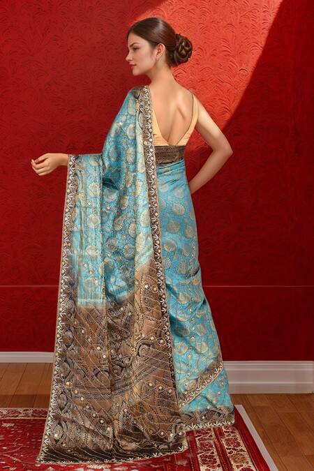 Shop_Samyukta Singhania_Blue Silk Cut Work, Zari Cutdana Embroidered Saree_Online_at_Aza_Fashions