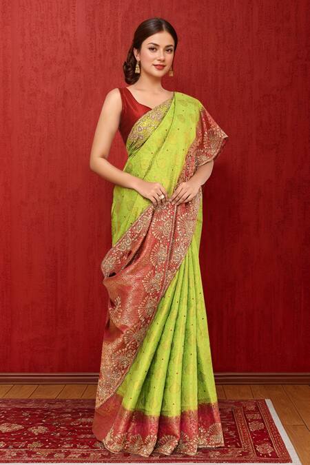 Buy_Samyukta Singhania_Green Silk Beads Kanjeevaram Saree With Running Blouse _Online_at_Aza_Fashions