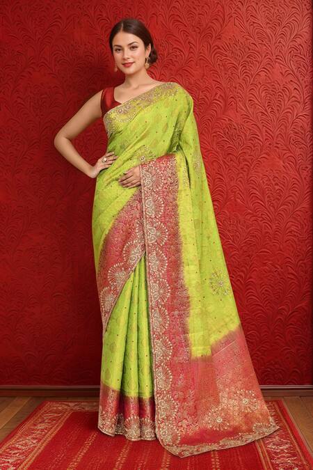 Shop_Samyukta Singhania_Green Silk Beads Kanjeevaram Saree With Running Blouse _Online_at_Aza_Fashions