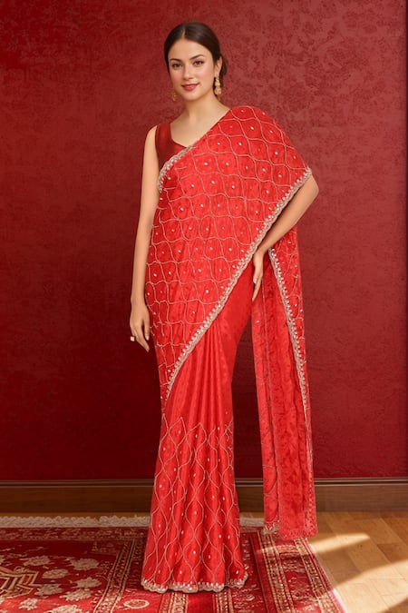Shop Samyukta Singhania Red Silk Sequins, Cut Work Embroidered Art Saree Online at Aza Fashions Shop_Samyukta Singhania_Red Silk Sequins, Cut Work Embroidered Art Saree _Online_at_Aza_Fashions