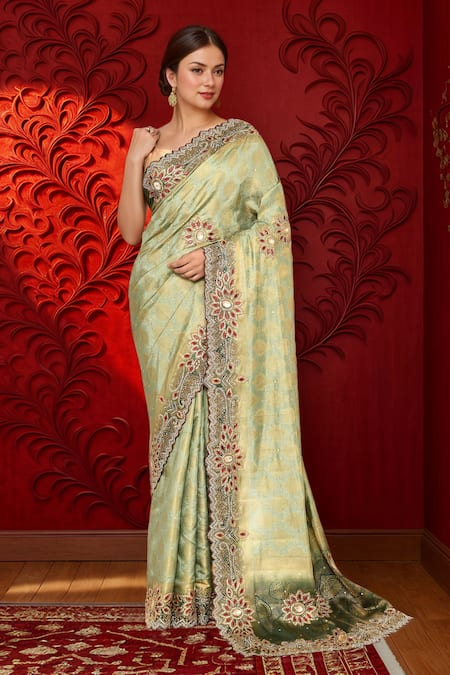 Shop_Samyukta Singhania_Green Silk Crystals, Beads Kanjeevaram Saree With Running Blouse _Online_at_Aza_Fashions