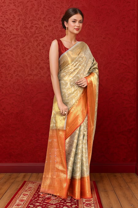 Buy_Naintara Bajaj_Orange Silk Beads Floral Woven Kanjeevaram Saree _Online_at_Aza_Fashions