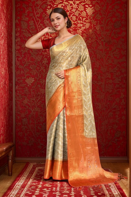 Shop_Naintara Bajaj_Orange Silk Beads Floral Woven Kanjeevaram Saree _Online_at_Aza_Fashions