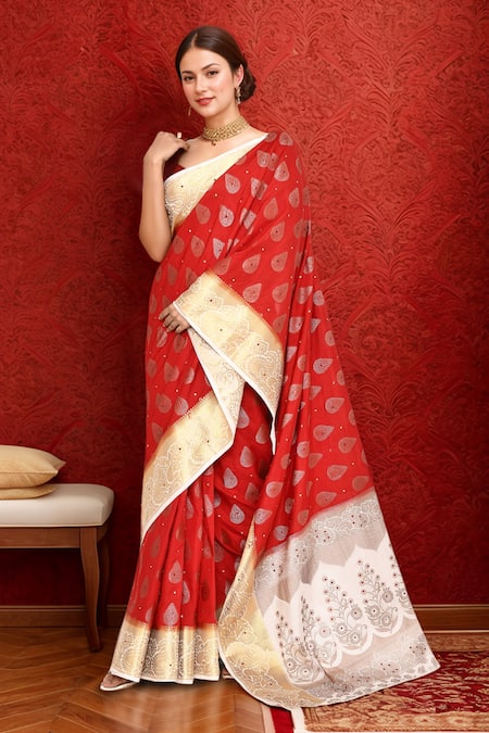 Shop_Naintara Bajaj_Red Silk Crystals Leaf Butti Woven Art Saree _Online_at_Aza_Fashions