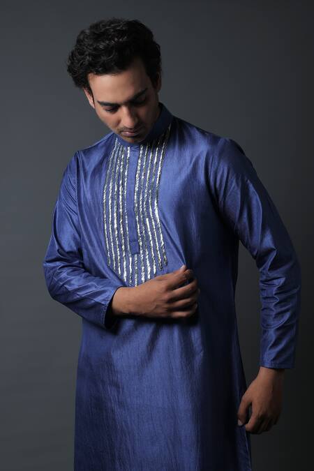 Thetaa Blue Cotton, Silk, Satin Mirrors Mukaish Embroidered Kurta Set Online at Aza Fashions Thetaa_Blue Cotton, Silk, Satin Mirrors Mukaish Embroidered Kurta Set _Online_at_Aza_Fashions