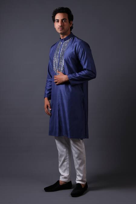 Shop Thetaa Blue Cotton, Silk, Satin Mirrors Mukaish Embroidered Kurta Set Online at Aza Fashions Shop_Thetaa_Blue Cotton, Silk, Satin Mirrors Mukaish Embroidered Kurta Set _Online_at_Aza_Fashions