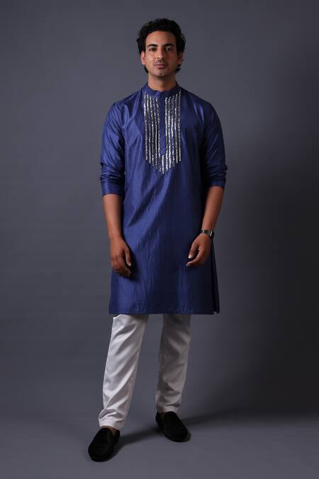 Thetaa Blue Cotton, Silk, Satin Mirrors Mukaish Embroidered Kurta Set at Aza Fashions Thetaa_Blue Cotton, Silk, Satin Mirrors Mukaish Embroidered Kurta Set _at_Aza_Fashions