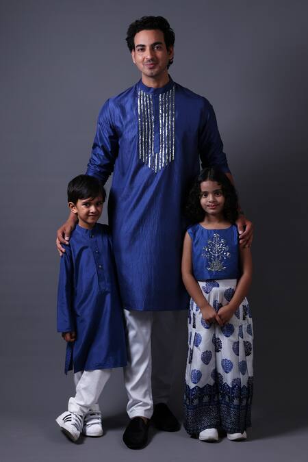 Buy Thetaa Blue Cotton, Silk, Satin Mirrors Mukaish Embroidered Kurta Set Buy_Thetaa_Blue Cotton, Silk, Satin Mirrors Mukaish Embroidered Kurta Set