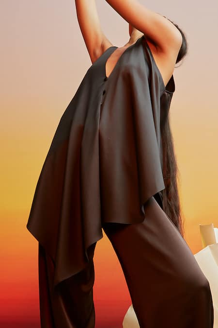 Ituvana Black Silk Asymmetric Tunic & Pant Set 