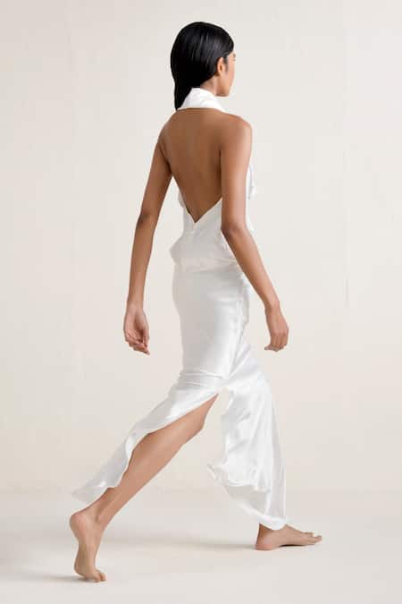 Ituvana_White Silk Cowl Neck Top And Skirt Set _Online_at_Aza_Fashions