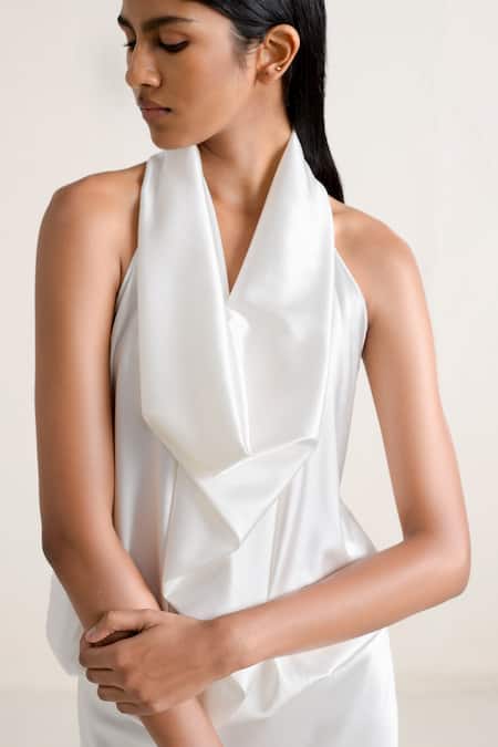 Buy_Ituvana_White Silk Cowl Neck Top And Skirt Set _Online_at_Aza_Fashions