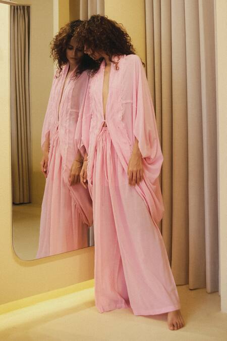 Ituvana Fringe Detail Robe & Wide Legged Pant Set 