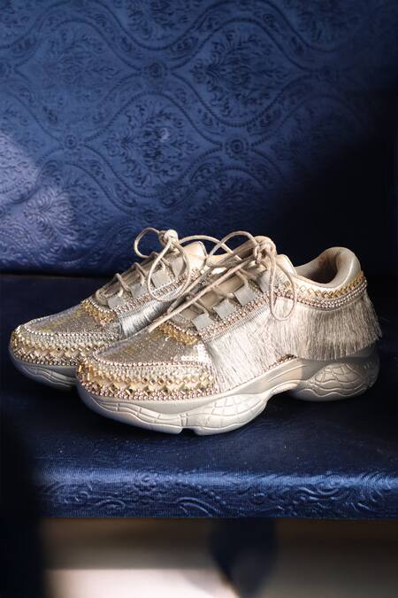 Chal Jooti_Grey Magnetic Metallic Stone Embellished Wedding Sneakers _Online_at_Aza_Fashions