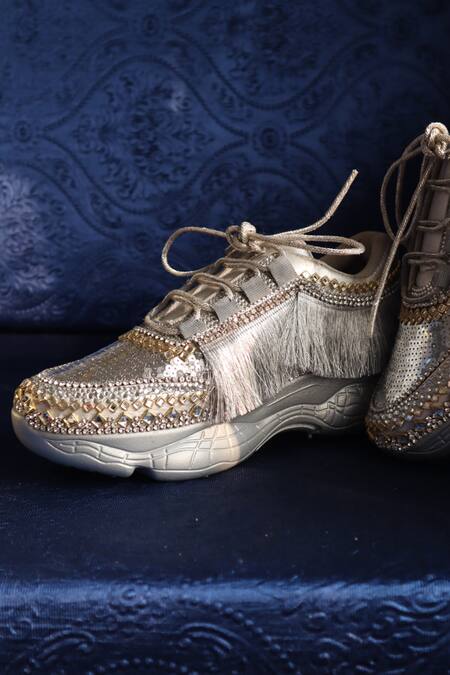 Shop_Chal Jooti_Grey Magnetic Metallic Stone Embellished Wedding Sneakers _Online_at_Aza_Fashions