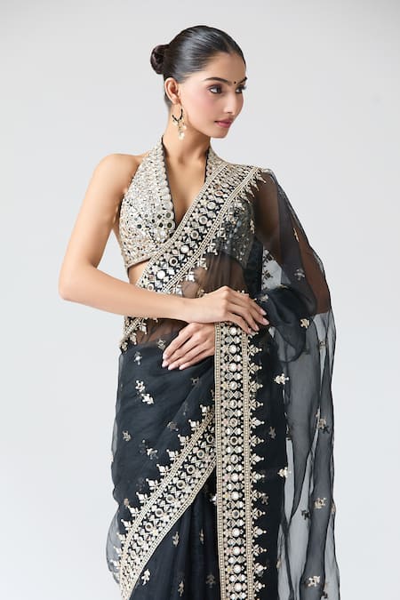 Buy_Gopi Vaid_Black Tussar, Organza Embroidery, Mirrors Plunge Neck Saree Set 
