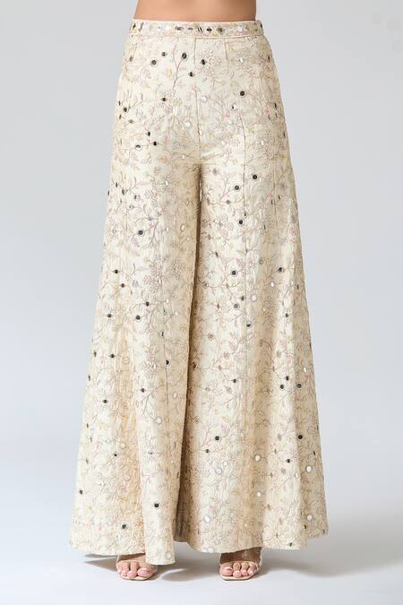 Gopi Vaid Beige Tussar Mirrors, Embroidery Scoop Neck Thread Work Vest And Pant Set at Aza Fashions Gopi Vaid_Beige Tussar Mirrors, Embroidery Scoop Neck Thread Work Vest And Pant Set _at_Aza_Fashions