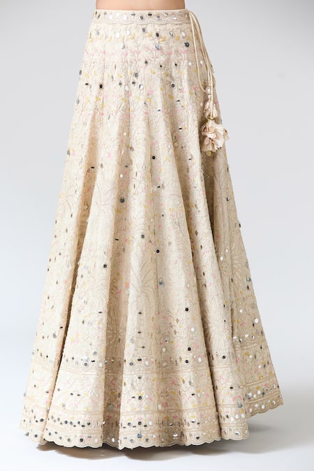 Shop Gopi Vaid Beige Tussar, Net Mirrors, Embroidery Plunge Neck Work Lehenga Set Online at Aza Fashions Shop_Gopi Vaid_Beige Tussar, Net Mirrors, Embroidery Plunge Neck Work Lehenga Set _Online_at_Aza_Fashions