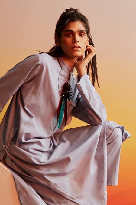 Ituvana Solid Grey Silk Kaftan & Pant Set 