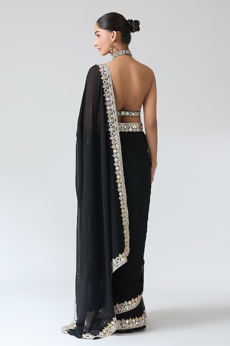 Gopi Vaid Black Mirror Embroidered Saree With Blouse 