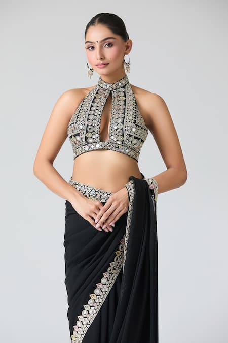 Buy Gopi Vaid Black Tussar, Chiffon Mirrors Halter Neck Embroidered Saree With Blouse Online at Aza Fashions Buy_Gopi Vaid_Black Tussar, Chiffon Mirrors Halter Neck Embroidered Saree With Blouse _Online_at_Aza_Fashions