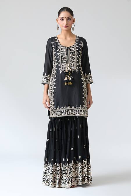 Gopi Vaid_Black Organza, Tussar Mirrors, Embroidery Round Neck Pariza Sharara Set _Online_at_Aza_Fashions