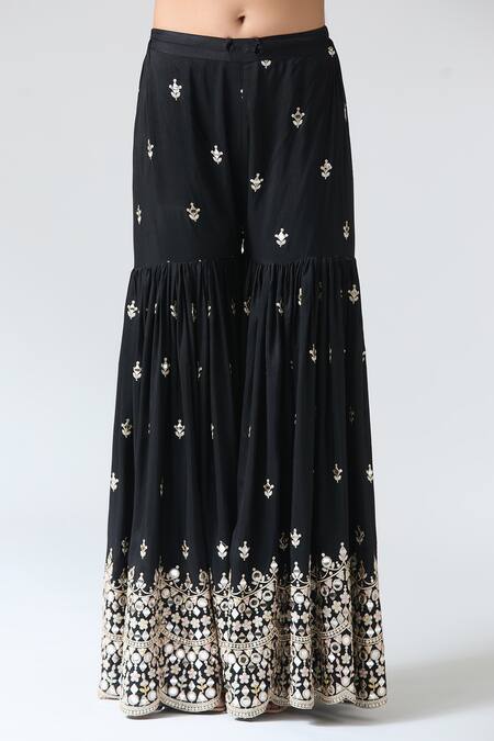 Buy_Gopi Vaid_Black Organza, Tussar Mirrors, Embroidery Round Neck Pariza Sharara Set _Online_at_Aza_Fashions