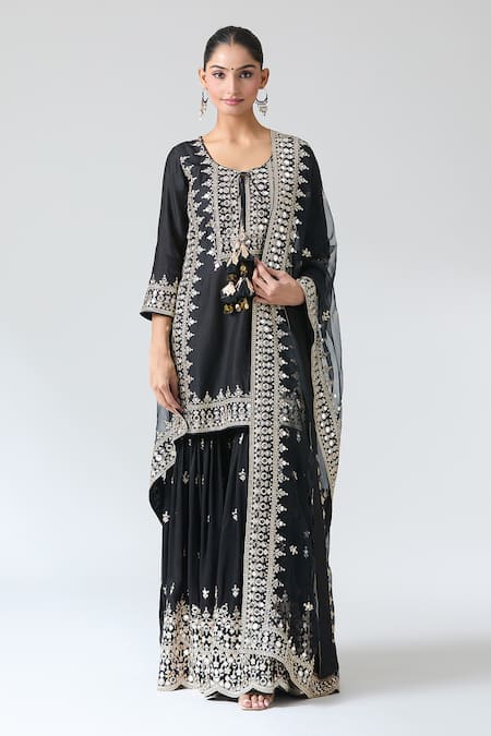Shop_Gopi Vaid_Black Organza, Tussar Mirrors, Embroidery Round Neck Pariza Sharara Set _Online_at_Aza_Fashions