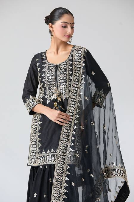 Gopi Vaid_Black Organza, Tussar Mirrors, Embroidery Round Neck Pariza Sharara Set _at_Aza_Fashions