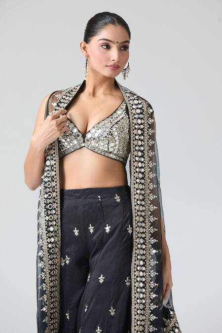Shop Gopi Vaid Black Tussar Mirrors, Embroidery Work Cape Pant Set Online at Aza Fashions Shop_Gopi Vaid_Black Tussar Mirrors, Embroidery Work Cape Pant Set _Online_at_Aza_Fashions
