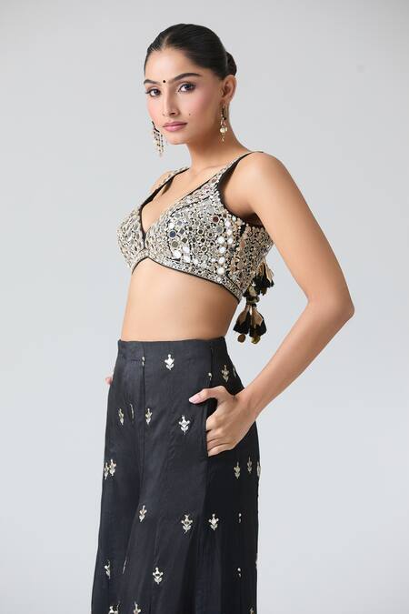 Gopi Vaid Black Tussar Mirrors, Embroidery Work Cape Pant Set at Aza Fashions Gopi Vaid_Black Tussar Mirrors, Embroidery Work Cape Pant Set _at_Aza_Fashions