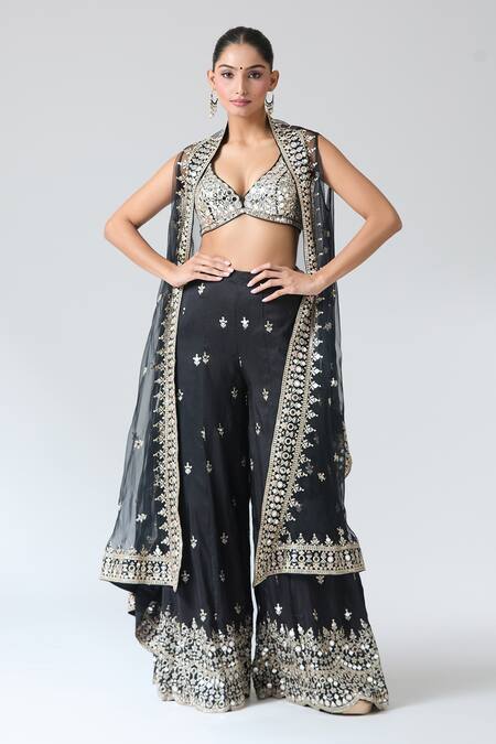 Buy Gopi Vaid Black Tussar Mirrors, Embroidery Work Cape Pant Set Buy_Gopi Vaid_Black Tussar Mirrors, Embroidery Work Cape Pant Set
