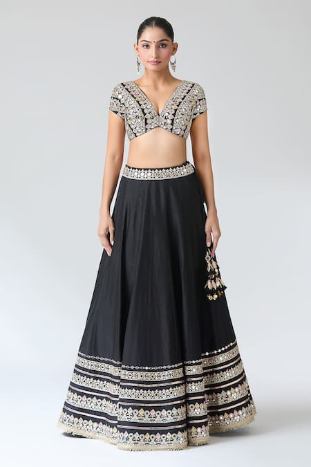 Gopi Vaid Black Tussar, Organza Mirrors, Embroidery, Tassels V-neck Lehenga Set Online at Aza Fashions Gopi Vaid_Black Tussar, Organza Mirrors, Embroidery, Tassels V-neck Lehenga Set _Online_at_Aza_Fashions